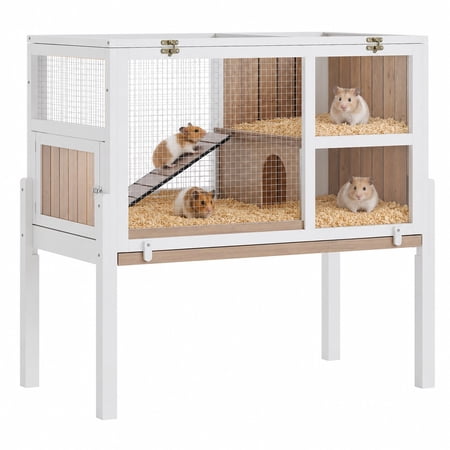 Wooden Small Animal Cage with Stand and Ramp, Elevated Hutch for Guinea Pigs Rabbits Hamsters, Sturdy Fir Wood Structure Easy Maintenance, Natural Wood Color/Gray