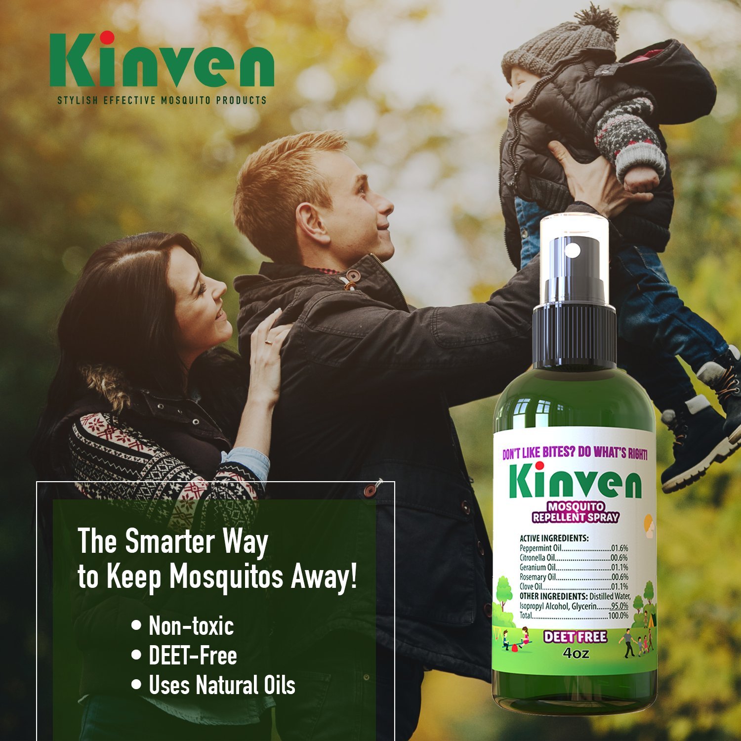 Kinven Mosquito Repellent Spray for Kids & Adults, Safe, Non-Toxic, DEET-Free, Long-Lasting Anti-Mosquito Bite Protection, with Natural Oils, 1oz - image 2 of 3