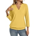 thumbnail image 2 of Womens 3/4 Sleeve Shirts Banded Bottom V Neck Summer Tops Loose Fit Casual Dressy Basic Tees Yellow 2XL, 2 of 6