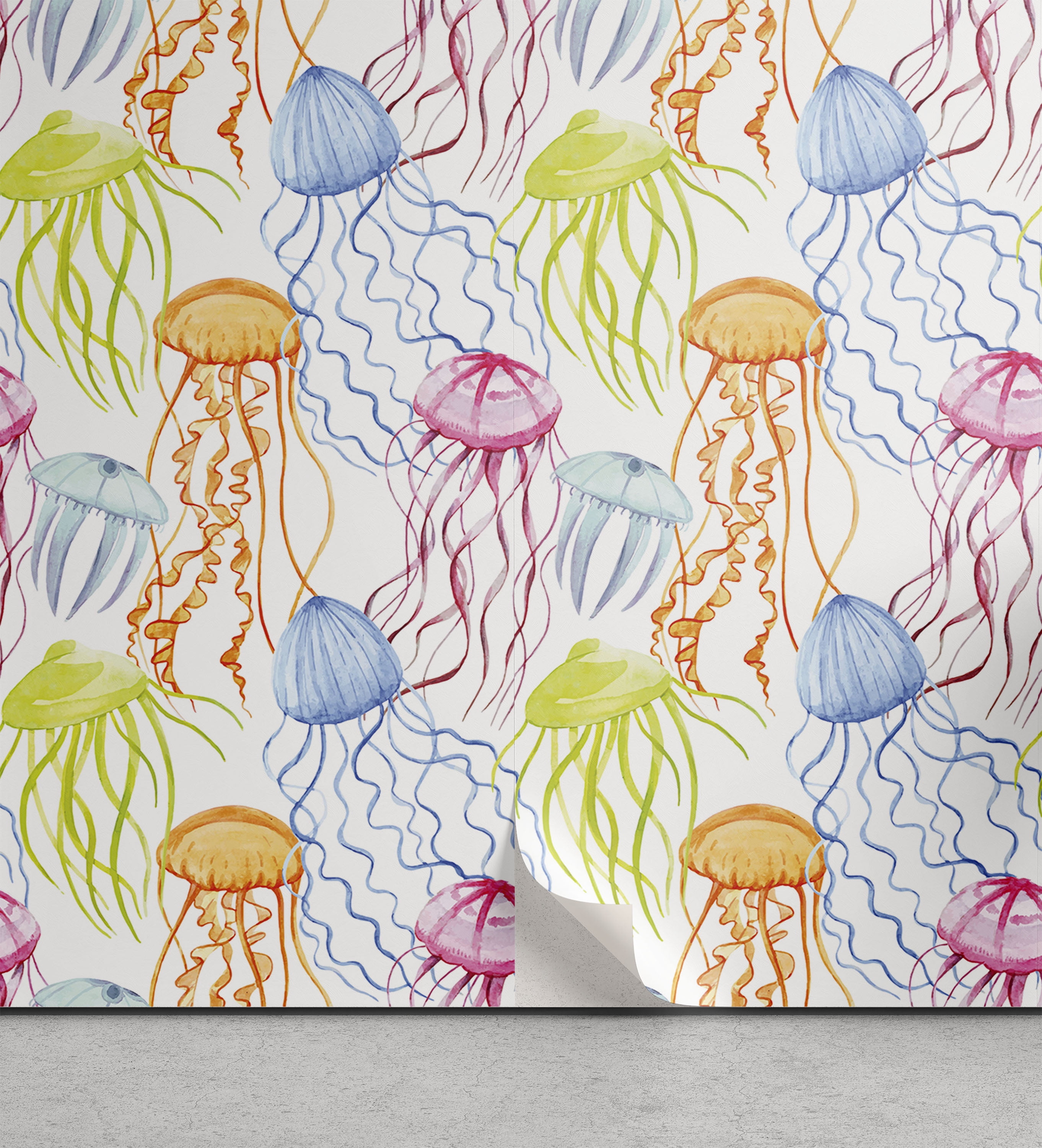 Aqua Jellyfish Peel & Stick Wallpaper, Watercolor Design Inspired of
