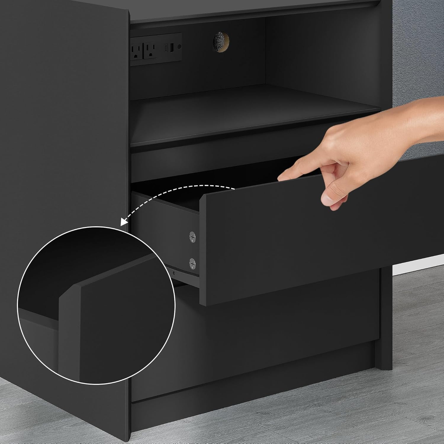 2 Drawers Black Nightstand with Charging Station, 24" Tall Bedside Table End Table for Bedroom or Living Room