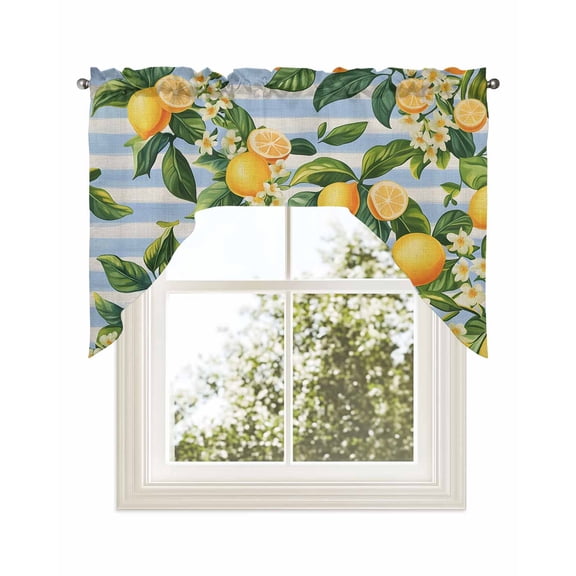 Yellow Lemon Kitchen Curtains Swag Valance for Windows/Bathroom/Cafe, Rustic Summer Fruit Blue Strip Burlap Rod Pocket Drape Panel Swag Curtains Valance for Bedroom/Living Room 56"x36"