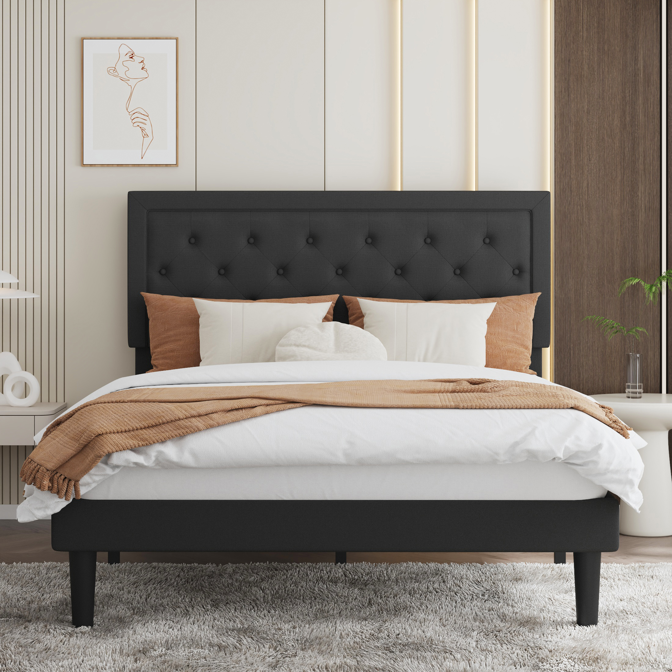 SHA CERLIN Queen Bed Frame with Adjustable Headboard, Fabric Upholstered Platform Bed, No Box Spring Required, Black