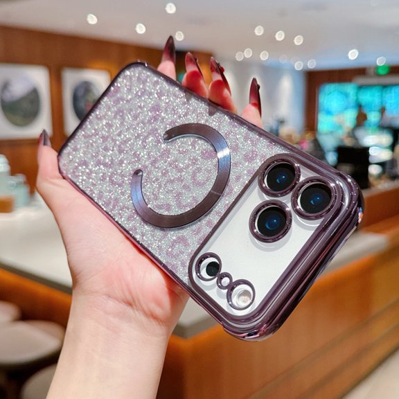 Decase Case for iPhone 17 Pro Max,Shockproof Leopard Print Glitter Magnetic Cover,Plating TPU Bumper Protective Case,Darkpurple