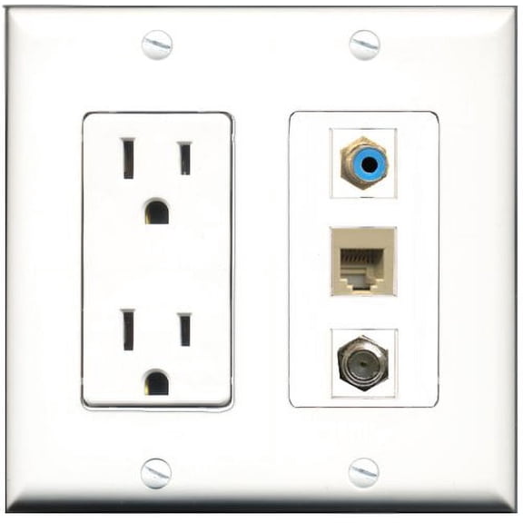 RiteAV - 15 Amp Power Outlet 1 Port RCA Blue 1 Port Coax 1 Port Phone Beige Decorative Wall Plate