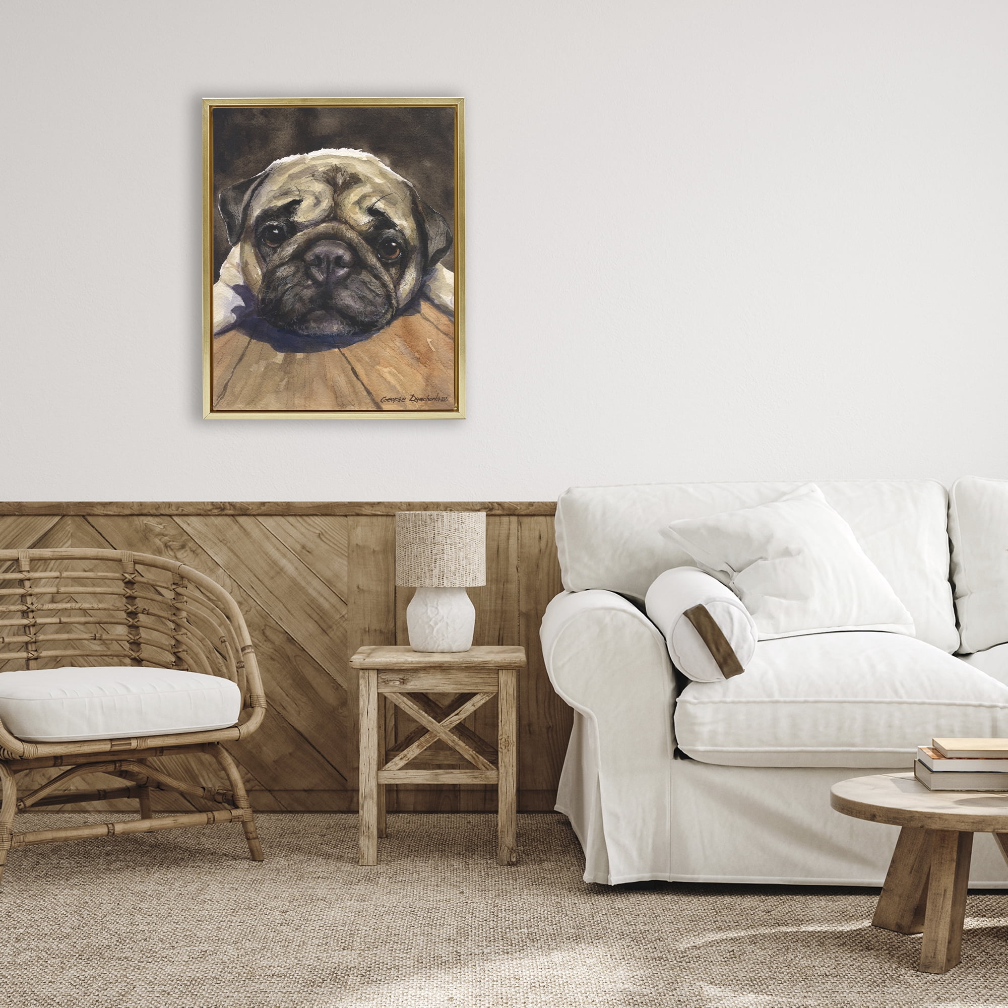 Stupell Industries Pug Soulful Portrait Gold Framed Floater Canvas Wall Art, design by George Dyachenko