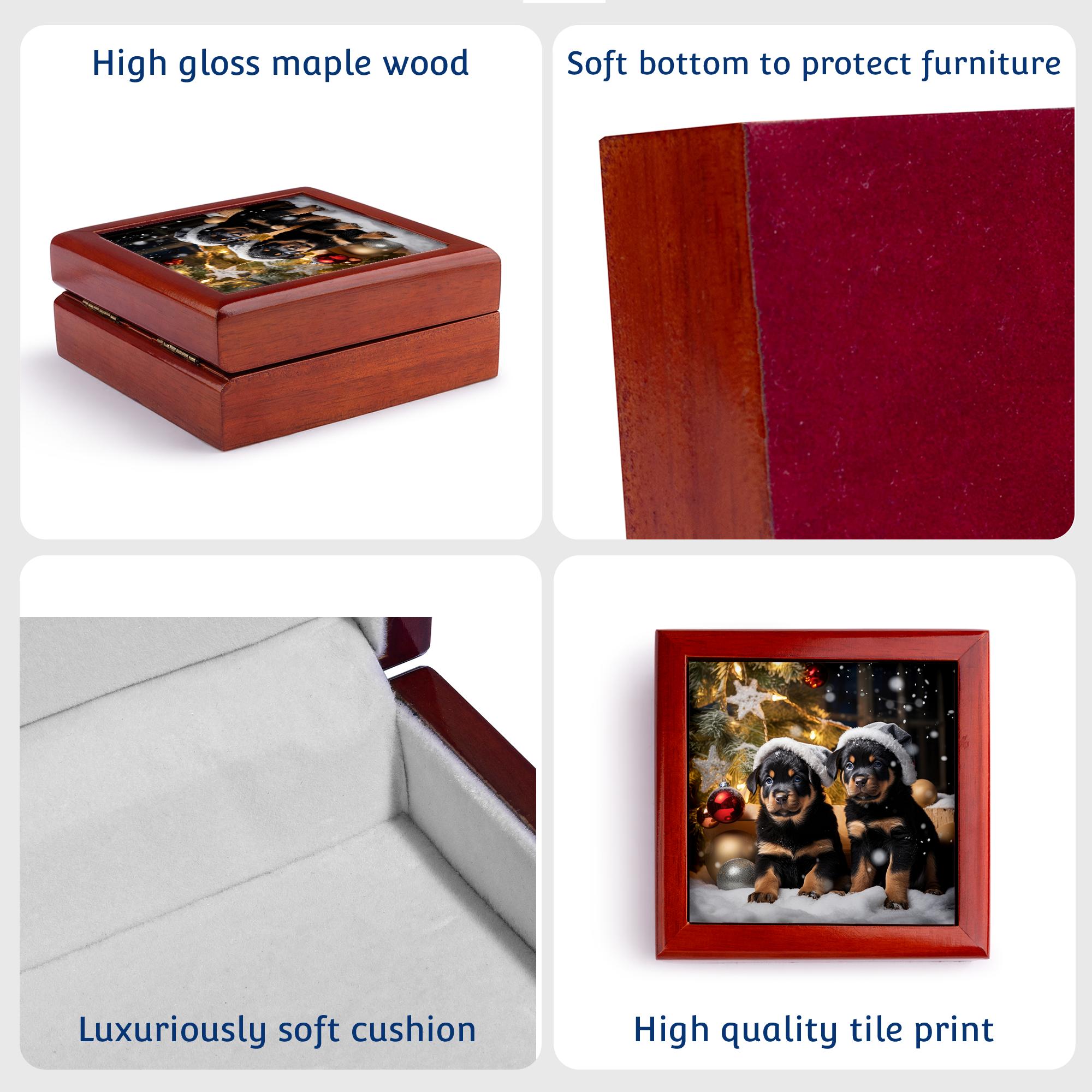 3dRose, Photo of two Rottweiler puppies with winter hats in a Christmas scene., Jewelry Box 5.5x5.5 inch with 4 inch tile