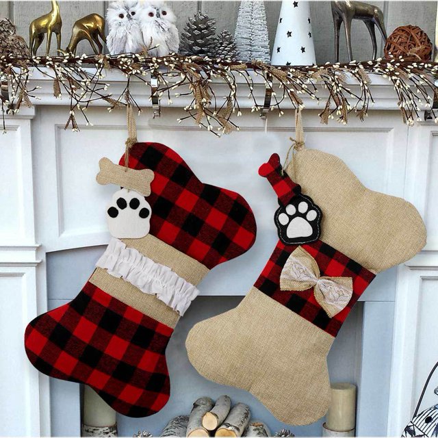 2 medias navideñas para perros, medias de arpillera a cuadros con forma de hueso grande para mascotas, medias colgantes clásicas para decoraciones navideñas ER