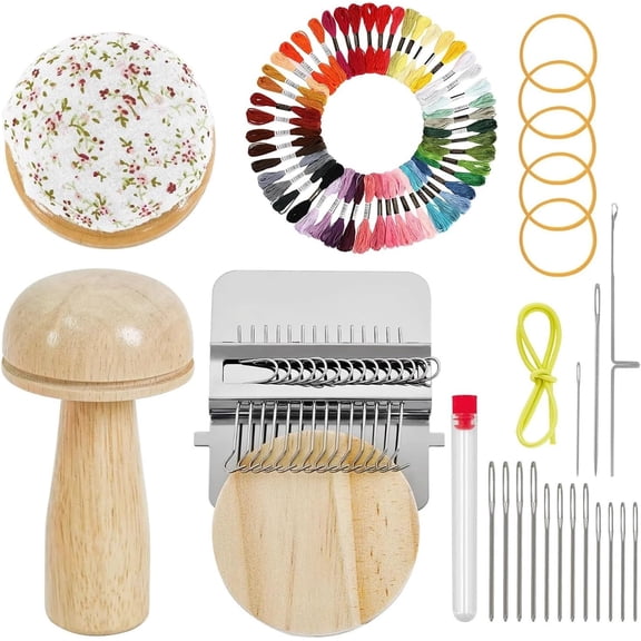 Knit Patch Mending Kit, Mini Darning Loom, Wooden Mushroom Darning Loom with Needles & Threads