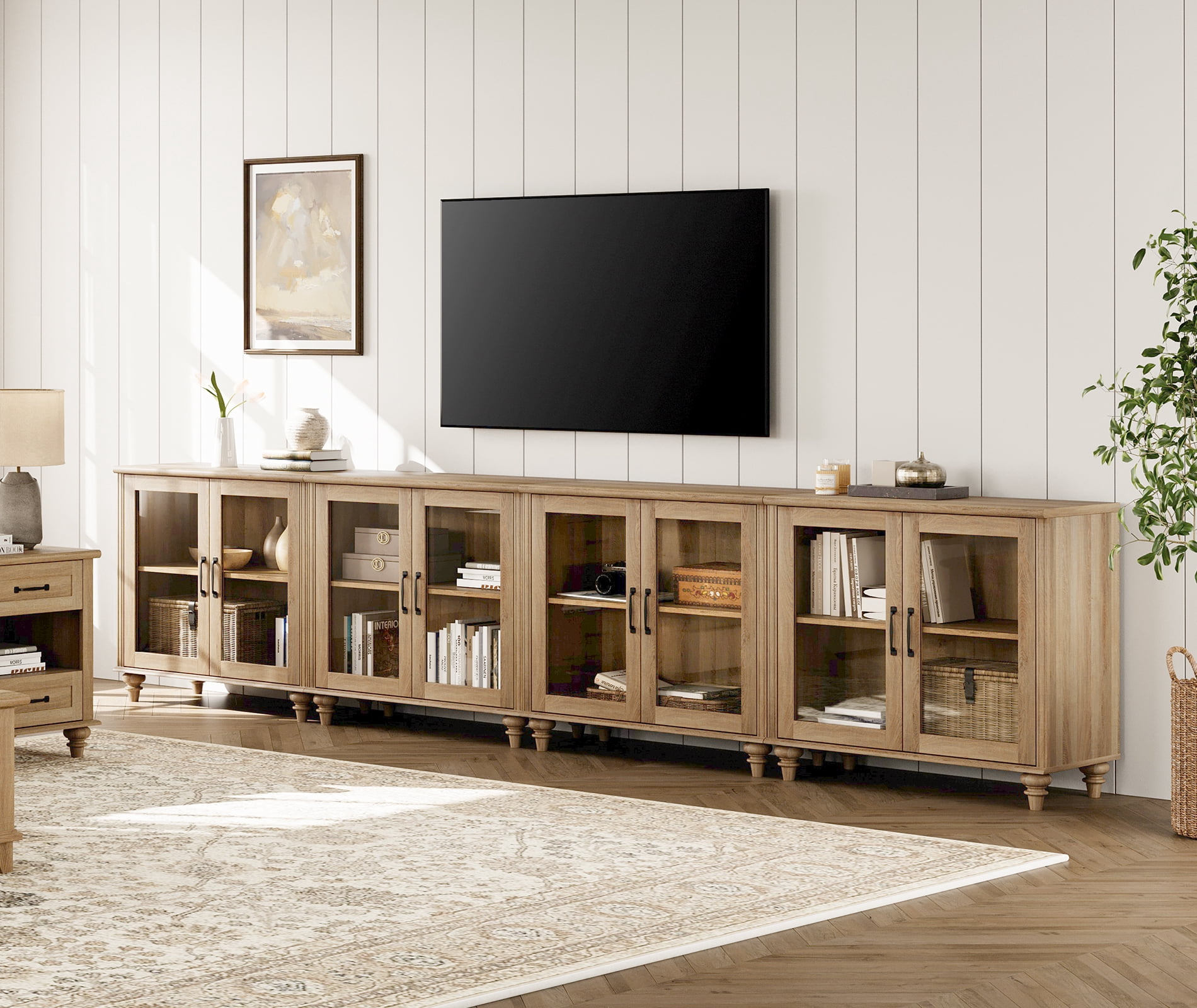 4-in-1 TV Stand, Wood Console Table Storage Cabinet for Living Room, Kitchen Sideboard Buffet Cabinet With Glass Door for Dining Room, Oak