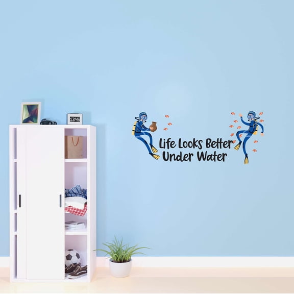 Boys Life looks better under water Cute Sports Wall Decal Decoration Scuba diver swimming underwater Vinyl wall Decal Lasts Years and Easily Removable - Size: 10 In(W) x 4 In(H)