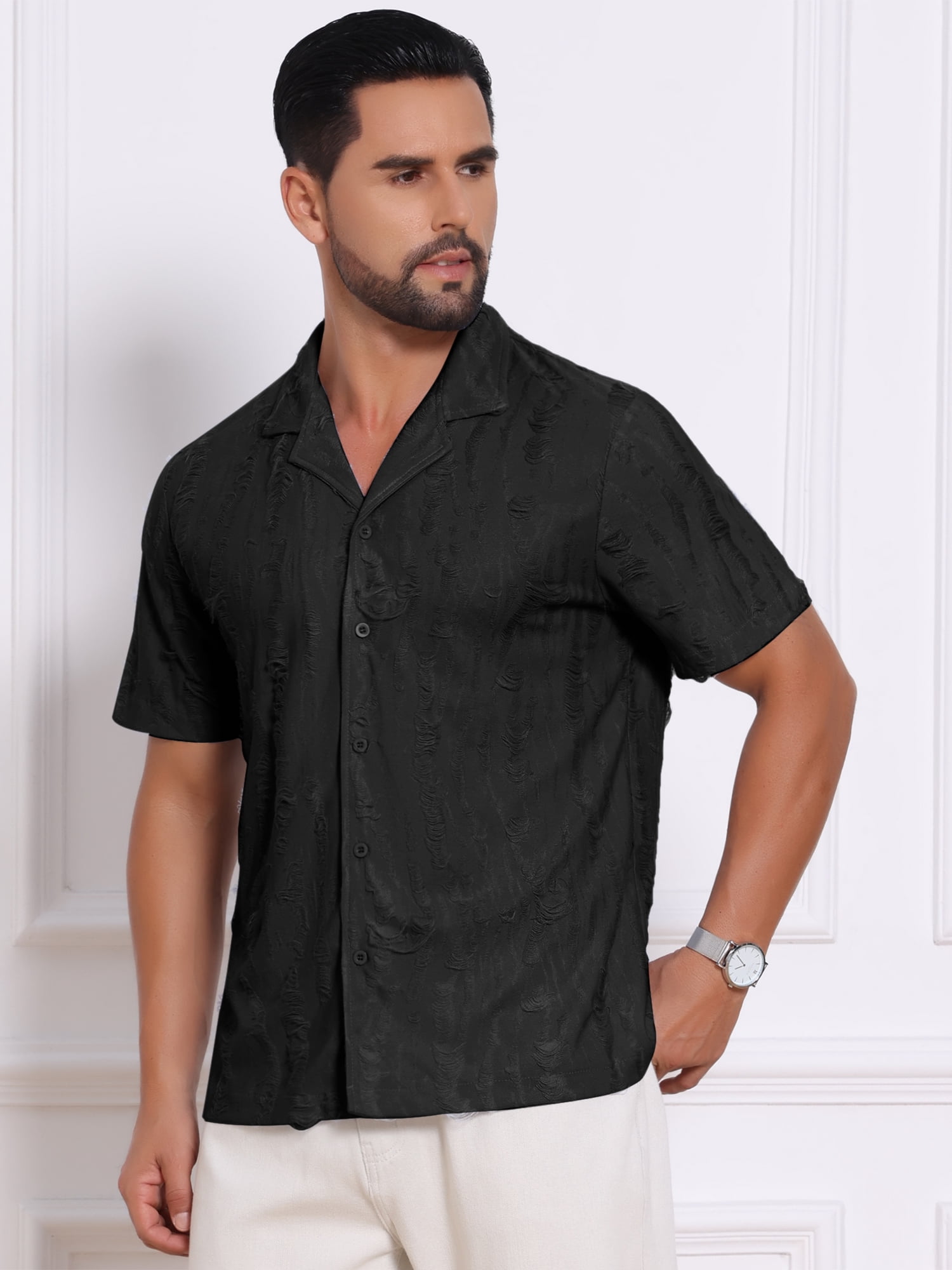 DARING DIVA Men's Camp Collar Button Down Short Sleeve Distressed Ripped Shirts 3XL Black