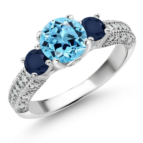 Gem Stone King 925 Sterling Silver Swiss Blue Topaz Blue Sapphire and White Moissanite Engagement Ring for Women (2.43 Cttw, Gemstone November Birthstone, Round 7MM and 4MM, Size 6)