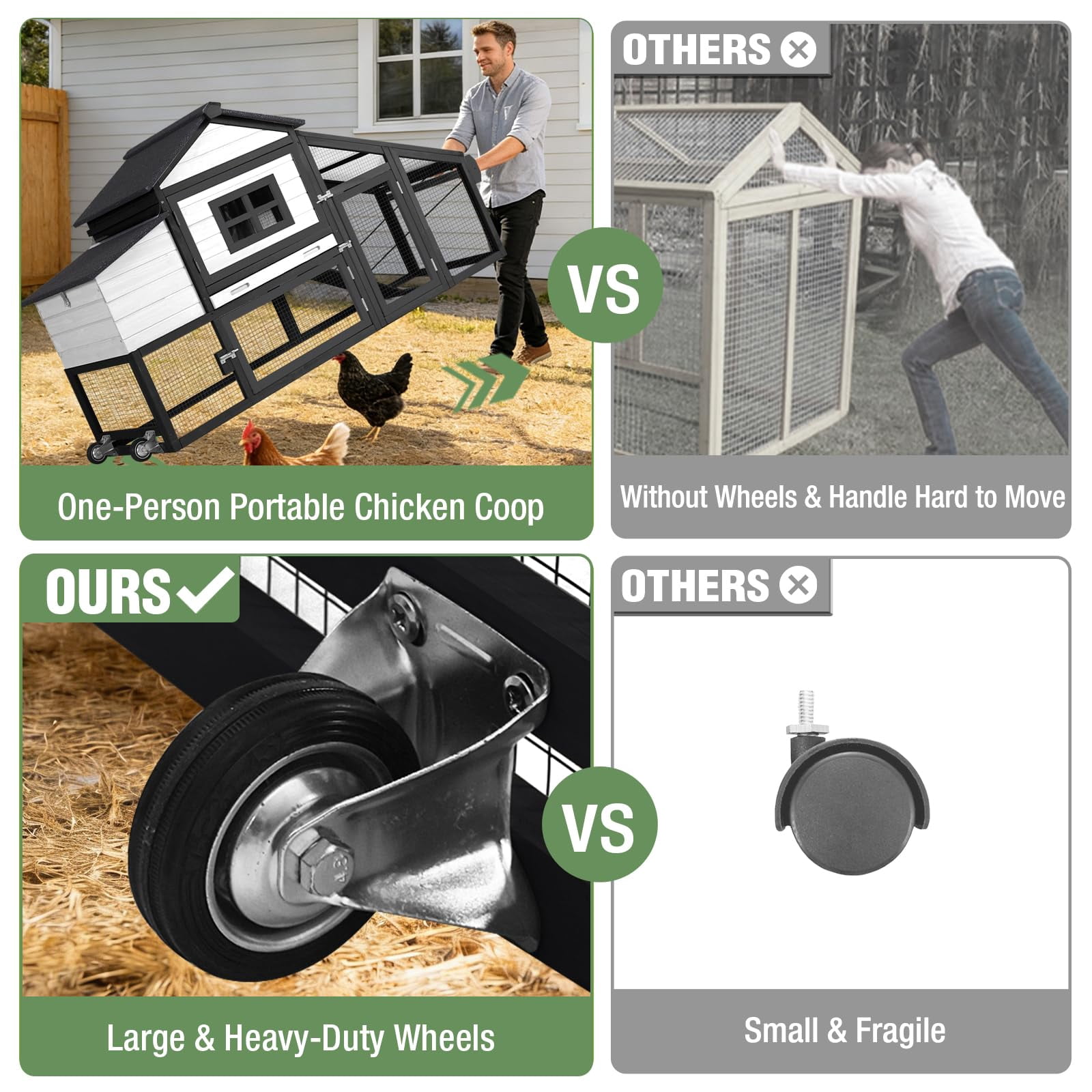 Aivituvin Mobile Chicken Coop with Wheels, Large Wooden Poultry Cage Chicken House with Nesting Box, Leakproof Pull-Out Tray, Weatherproof Roof for 3-5 Chickens, Black