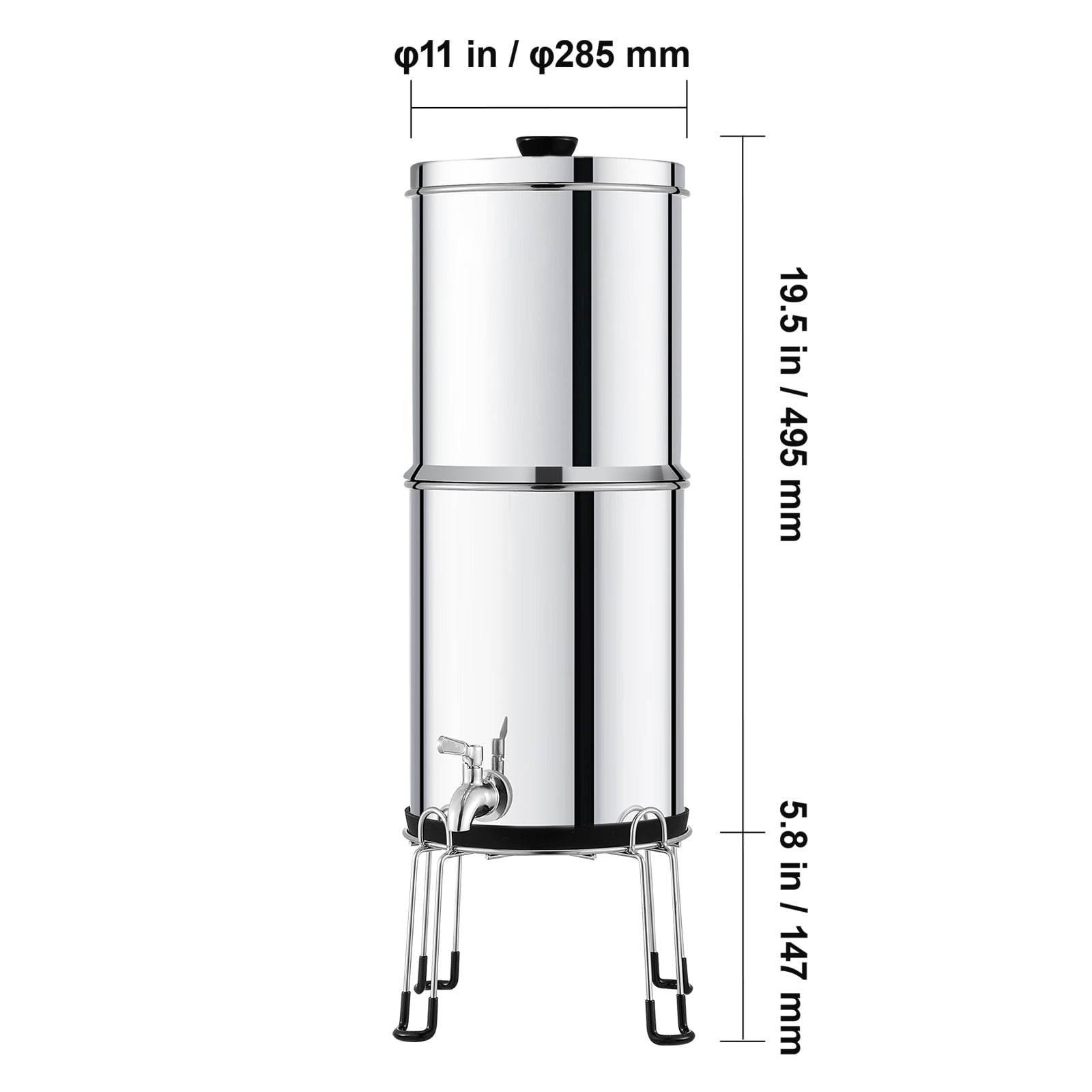 KFFKFF Water Purification System, Gravity-Driven, 2.25G 304 Stainless-Steel Tabletop Water Cleaner, Diminishes Lead and nearly 99% of Chlorine, Includes 2 Carbon Filters/Spigot/Stand,for Camping