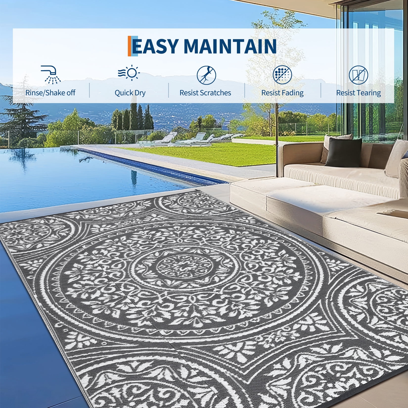 HIWEAVER 9' x 18' Gray/White Outdoor Rug PP Plastic Straw Woven Waterproof Patio Rug with Border Portable Outside Carpet for Balcony Deck Picnic Garden Decor