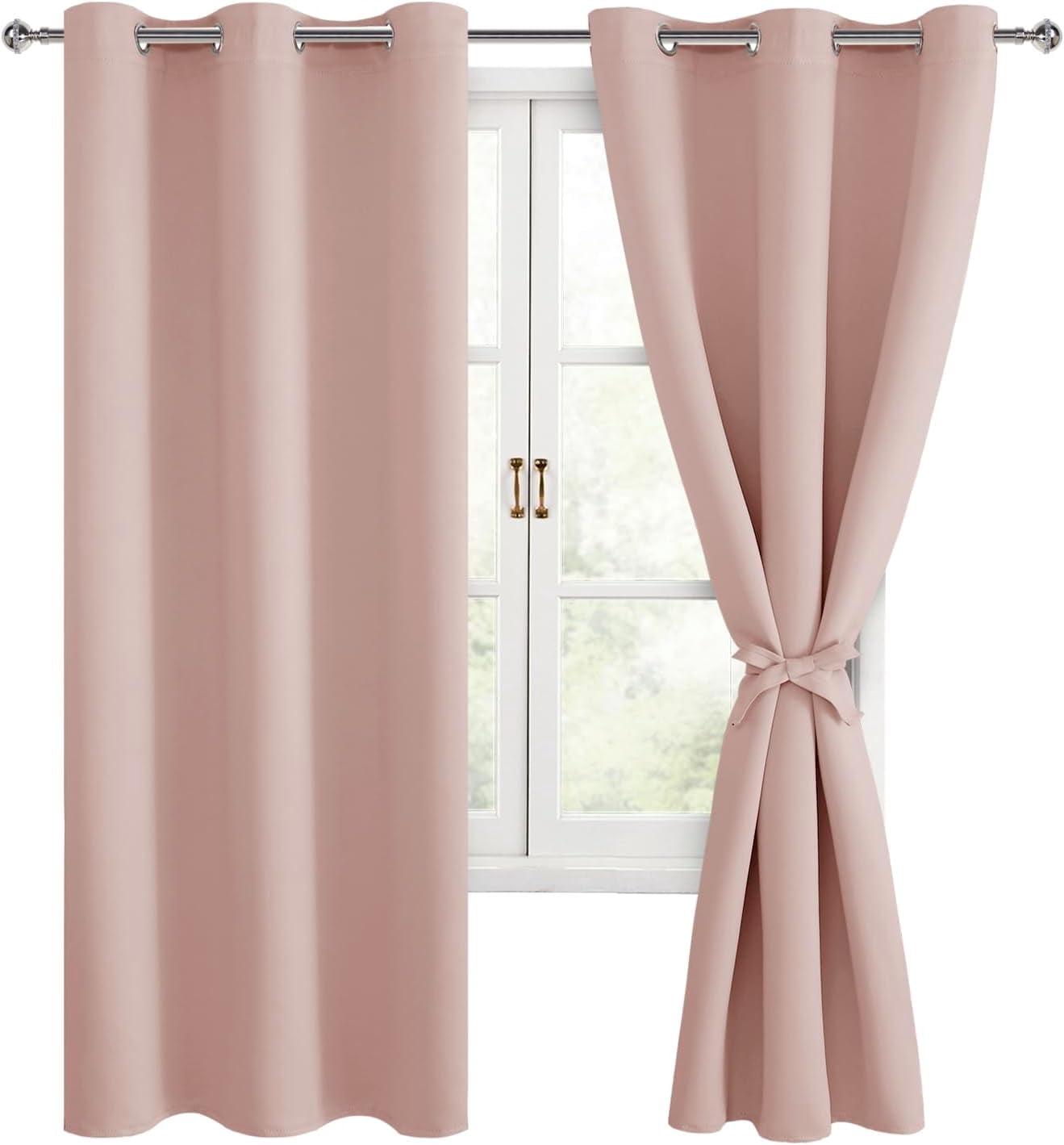 Hiasan Blackout Curtains for Bedroom - Thermal Insulated & Energy Saving Window Curtains for Living Room, 2 Drape Panels Sewn with Tiebacks, Blush Pink, 42 x 63 Inch