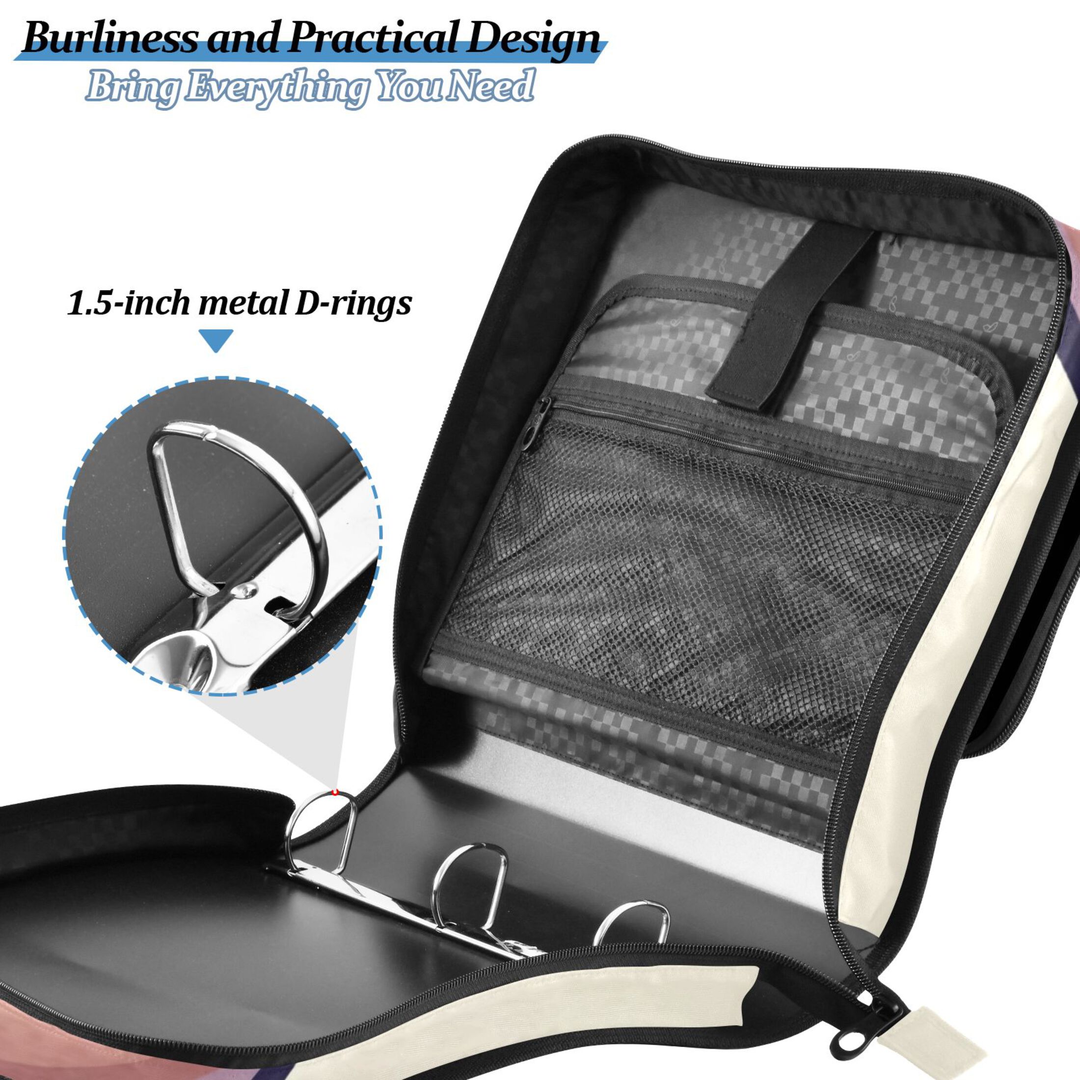 3 Ring Zipper Binder with Shoulder Strap Waterproof Trapper Keeper 2 Inch D-Ring 500 Sheets Capacity Cartoon Yoga Cat