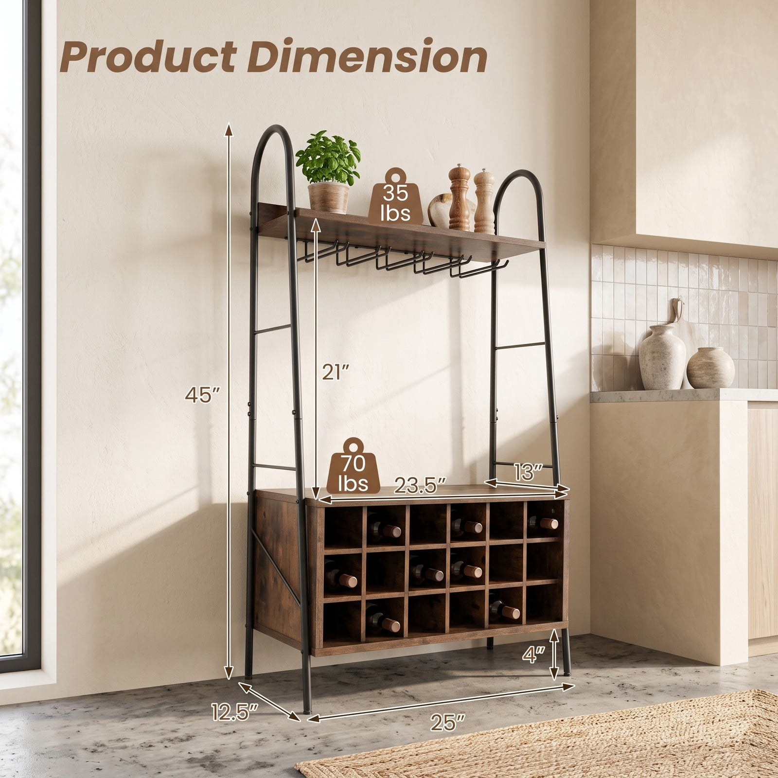 RUIE Baker's Rack with Detachable Wine Rack and 5 Rows of Stemware Holder, Freestanding Kitchen Storage Shelf Holds 18 Bottles and 15 Glasses, Metal, Rustic Brown
