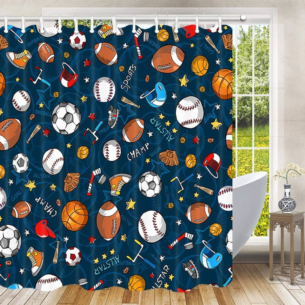 Sports Shower Curtain for Kids Children Teens, Basketball Football Baseball Hockey Star Blue Shower Curtain Sports Bathroom Decor, Fabric Baseball Shower Curtain Set with Hooks (72X84), Blue