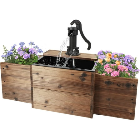 Outdoor Water Fountain,Floor Wooden Rectangular Pump Old-Fashioned Fountain with Flower Box,Electric Decorative Hand Pump, Outdoor Water Feature for Garden Patio Backyard