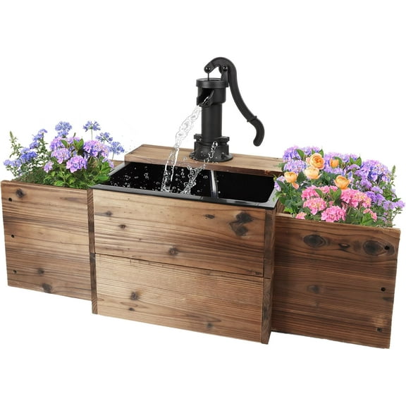 Outdoor Water Fountain,Floor Wooden Rectangular Pump Old-Fashioned Fountain with Flower Box,Electric Decorative Hand Pump, Outdoor Water Feature for Garden Patio Backyard