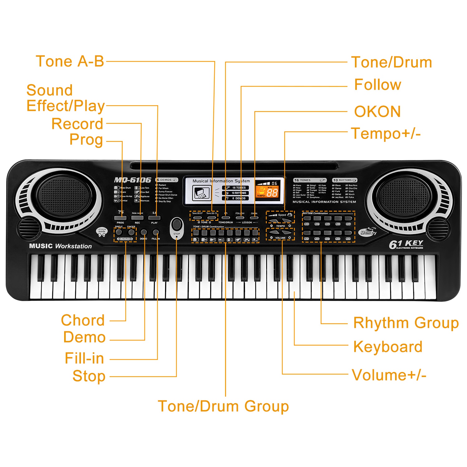 61-Key Digital Electronic Keyboard Piano – Multifunctional Musical Instrument with Microphone, 16 Tones, 10 Rhythms – Ideal for Beginners