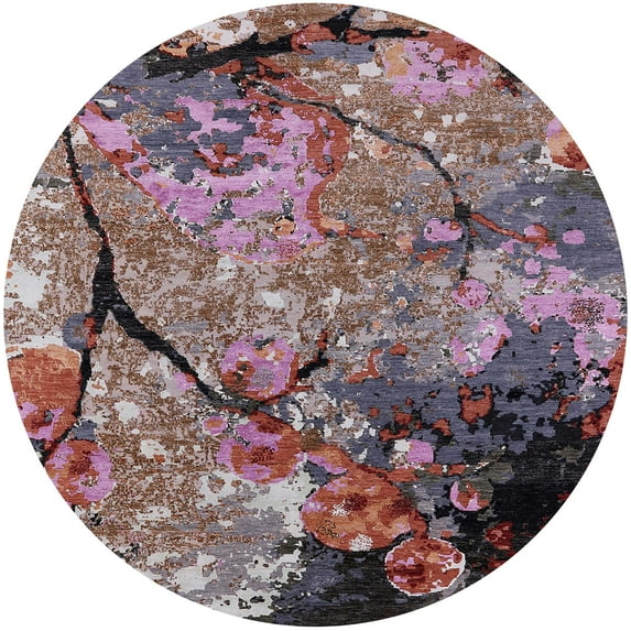 Ahgly Company Indoor Round Mid-Century Modern Lipstick Pink Oriental Area Rugs, 5' Round