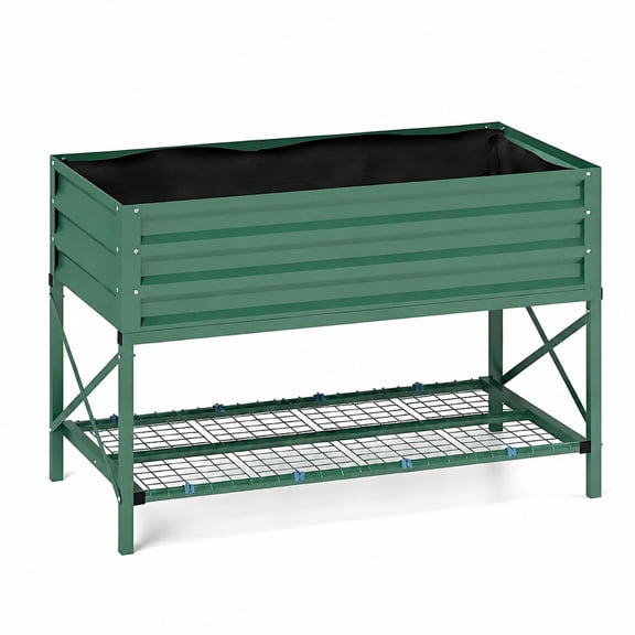Green Galvanized Steel Raised Garden Bed with Legs, 41.75 x 21.25 x 30 Inch Elevated Planter Box with Storage Shelf and Non-Woven Liner for Patio, Balcony, and Yard Gardening
