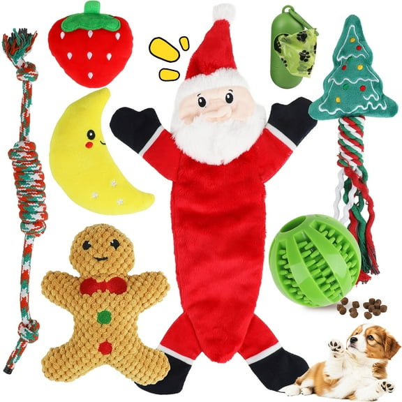 MASBRILL Christmas Dog Toys, Puppy Chew Toy for Teething and Training with Gift Bag, Tough Xmas Gift Plush Squeaky Toy for Small Dogs