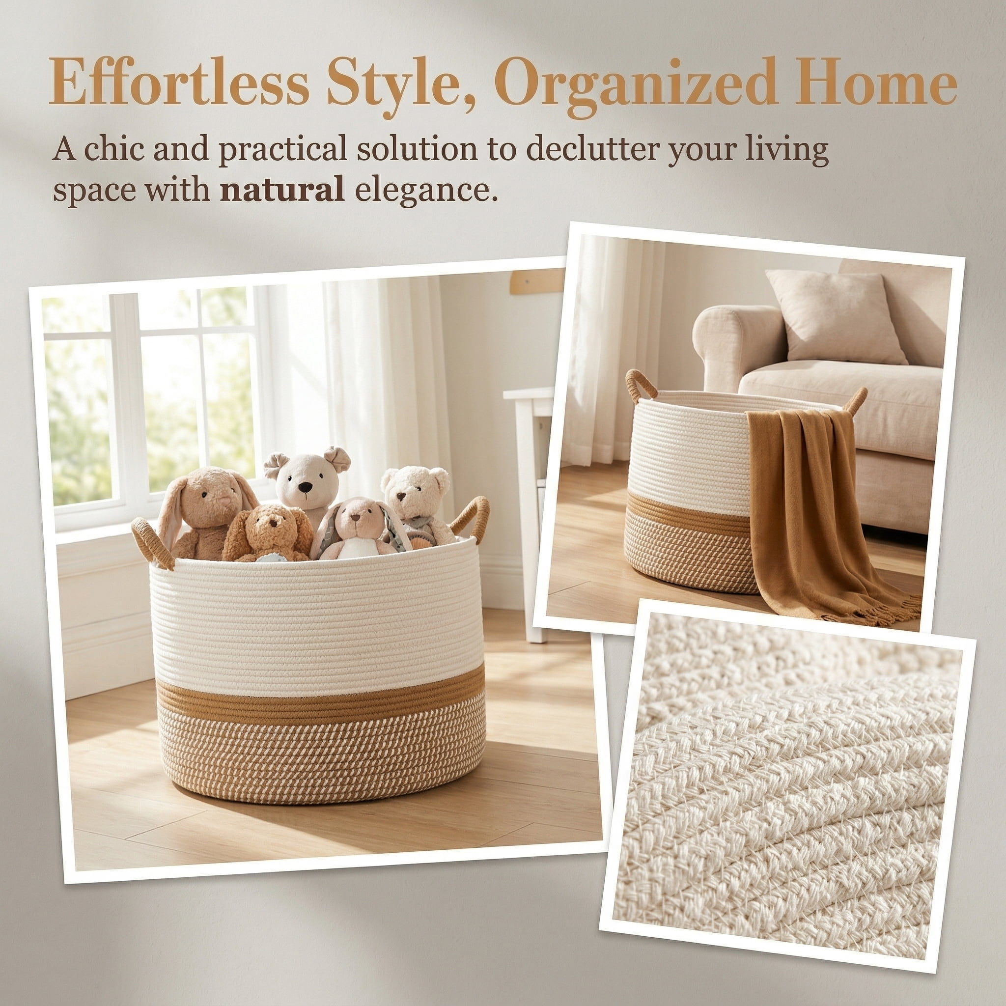Large Blanket Basket (20"x13"),Cotton Rope Blanket Basket for Living Room, Laundry, Nursery, Pillows,  (White/Brown)