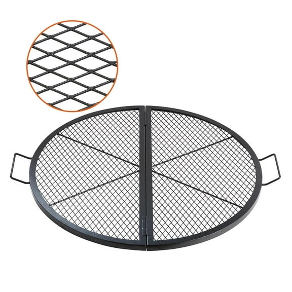 X-Marks Fire Pit Grill Grate, Foldable Round Cooking Grate, Heavy Duty Steel Campfire BBQ Grill Grid with Handle and Support X Wire, Portable Camping Cookware for Outside Party