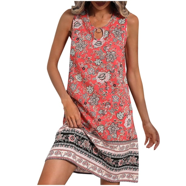 Vestido de Verano Casual Señoras Moda Cuello Redondo Impreso Vestido de Anillo sin Mangas para el Ocio Y Diario