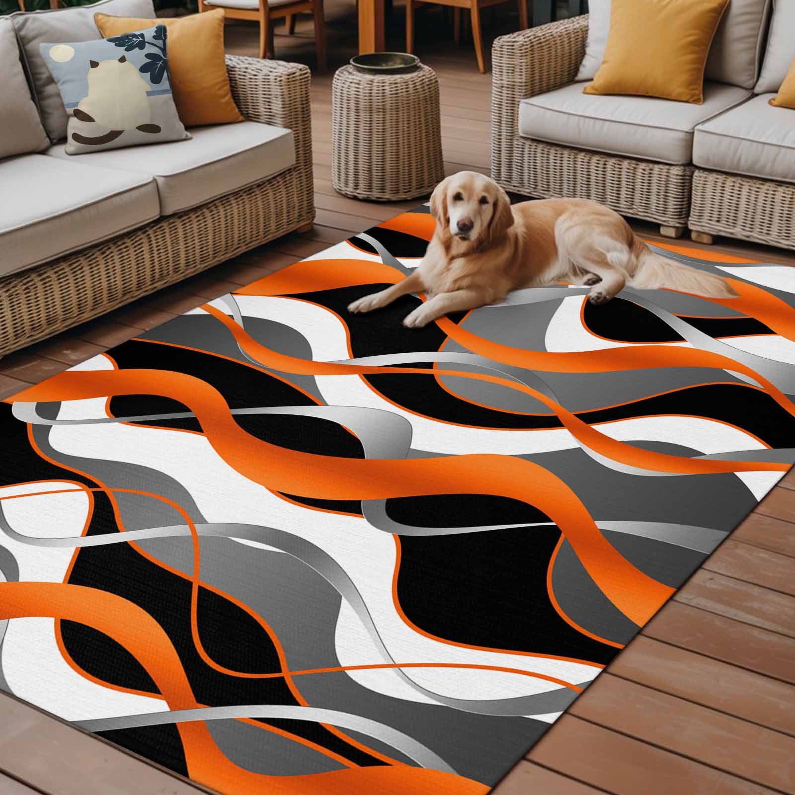 Fsddascl Abstract Stripes Outdoor Rug for Patio/Deck/Porch, Non-Slip Large Area Rug 5 x 8 Ft, Retro Modern Orange Black Gray Lines Indoor Outdoor Rugs Washable Area Rugs, Camping Rug Carpet
