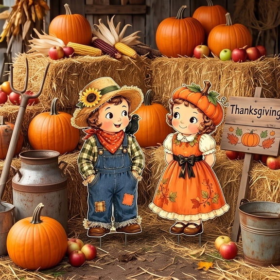 Thanksgiving Yard Sign Decorations, Pilgrim Boy Girl Pumpkin sunflower Ground Stake Ornaments for Autumn Thanksgiving Harvest Holiday Home Party Decoration, 11.81x27.56 in