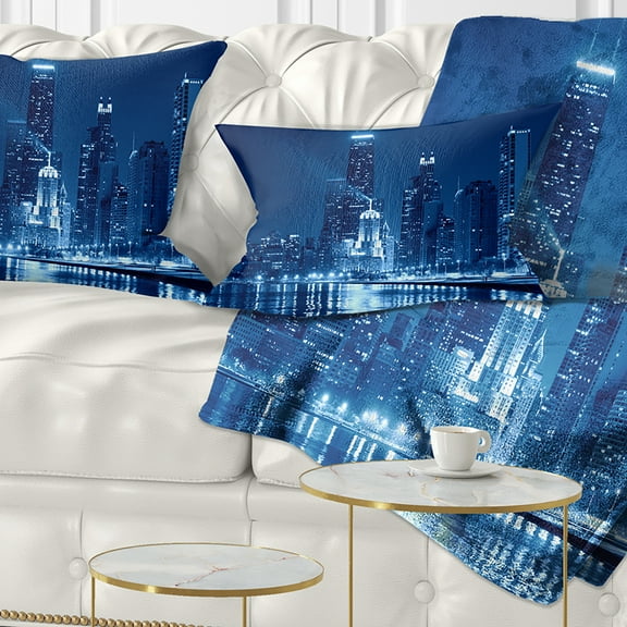 Designart Blue Chicago Skyline Night - Cityscape Photo Throw Pillow - 12x20