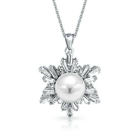 Rhodium Snowflake Pendant - Snowflake Simulated Pearl 8mm Pendant Necklace Winter Wedding CZ Rhodium Plated Brass 16 Inch Chain