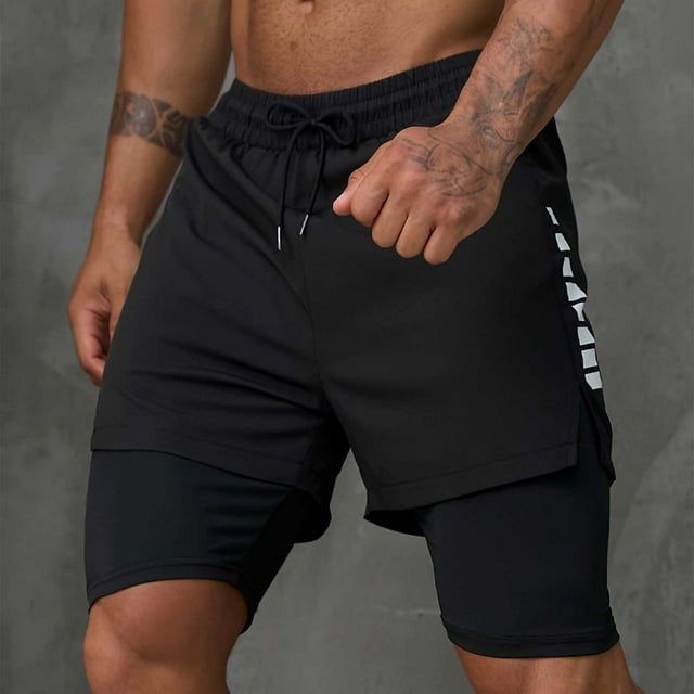 Sentmoon Mens Swim Trunks with Compression Liner Quick Dry Loose Beach Shorts Drawstring Elastic High Waist Summer Athletic Shorts with Zipper Pockets Comfy Man for Running Cycling Workout Black XL