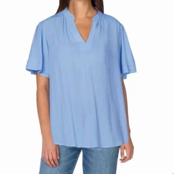 Well Worn Women's Blue Cuffed Ruffle Sleeve V-Neck Top, Blue, X-Large