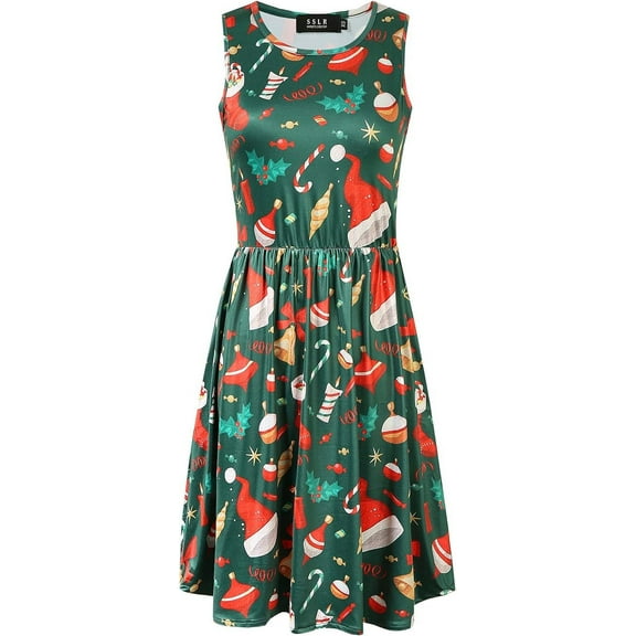 SSLR Womens Ugly Christmas Dress Xmas Printed A-Line Crewneck Sleeveless Christmas Party Dress