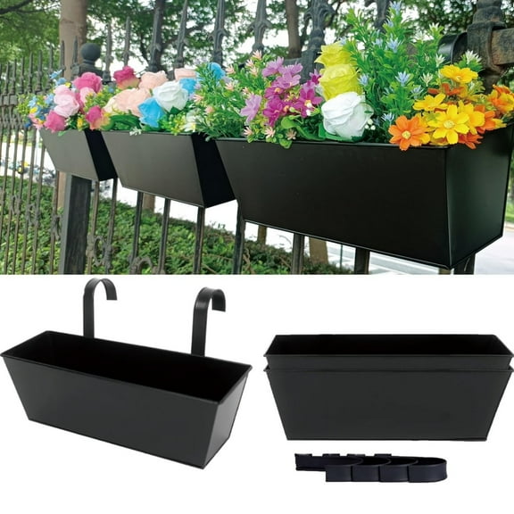 Topboutique Outdoor Planter Box Wall Hanging Planter Iron Hanging Flower Pot Railing Hooks Pots Garden Mount Porch Planters Black Rectangular Plant Pot Flower Box Container,2 Pcs-Black