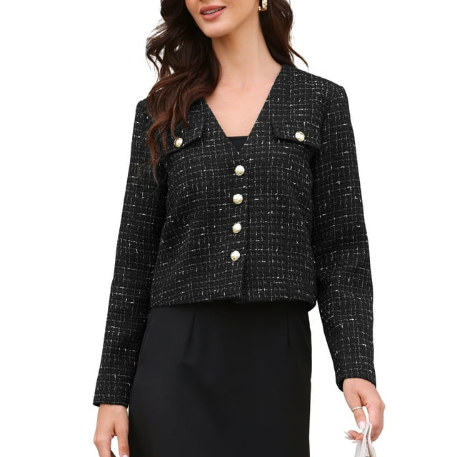 Blazers de Tweed para Mujeres, Manga Larga, Con Botones, Sin Cuello, Elegante, Casual de Negocios, Chaqueta Cortada XL Negra