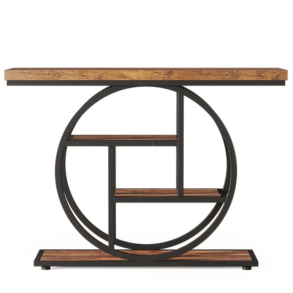 Barara King 41.3" Console Table, Industrial 4-Tier Sofa Entryway Table with Circle Base,Rustic Brown