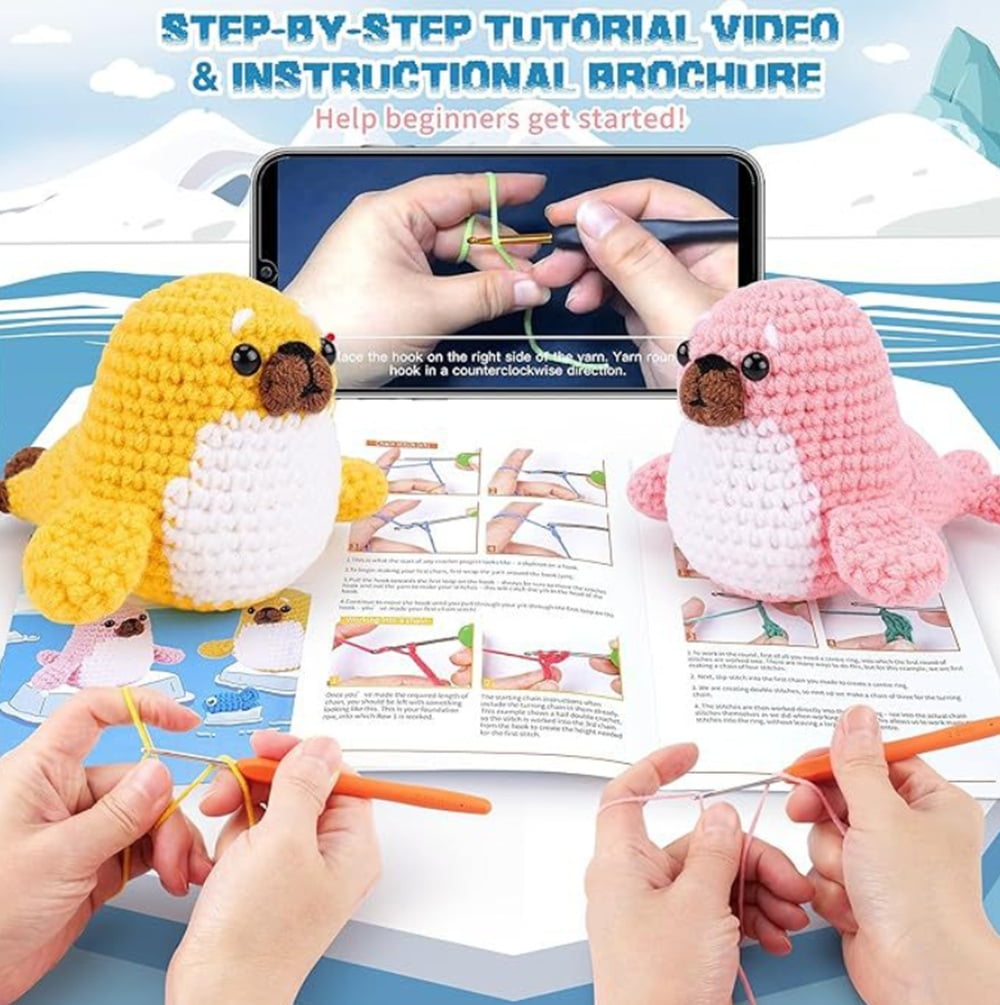 Seal & Fish Crochet Kit for Beginners, 2-Pack Amigurumi Starter Set with Step-by-Step Video Tutorials, TIKA