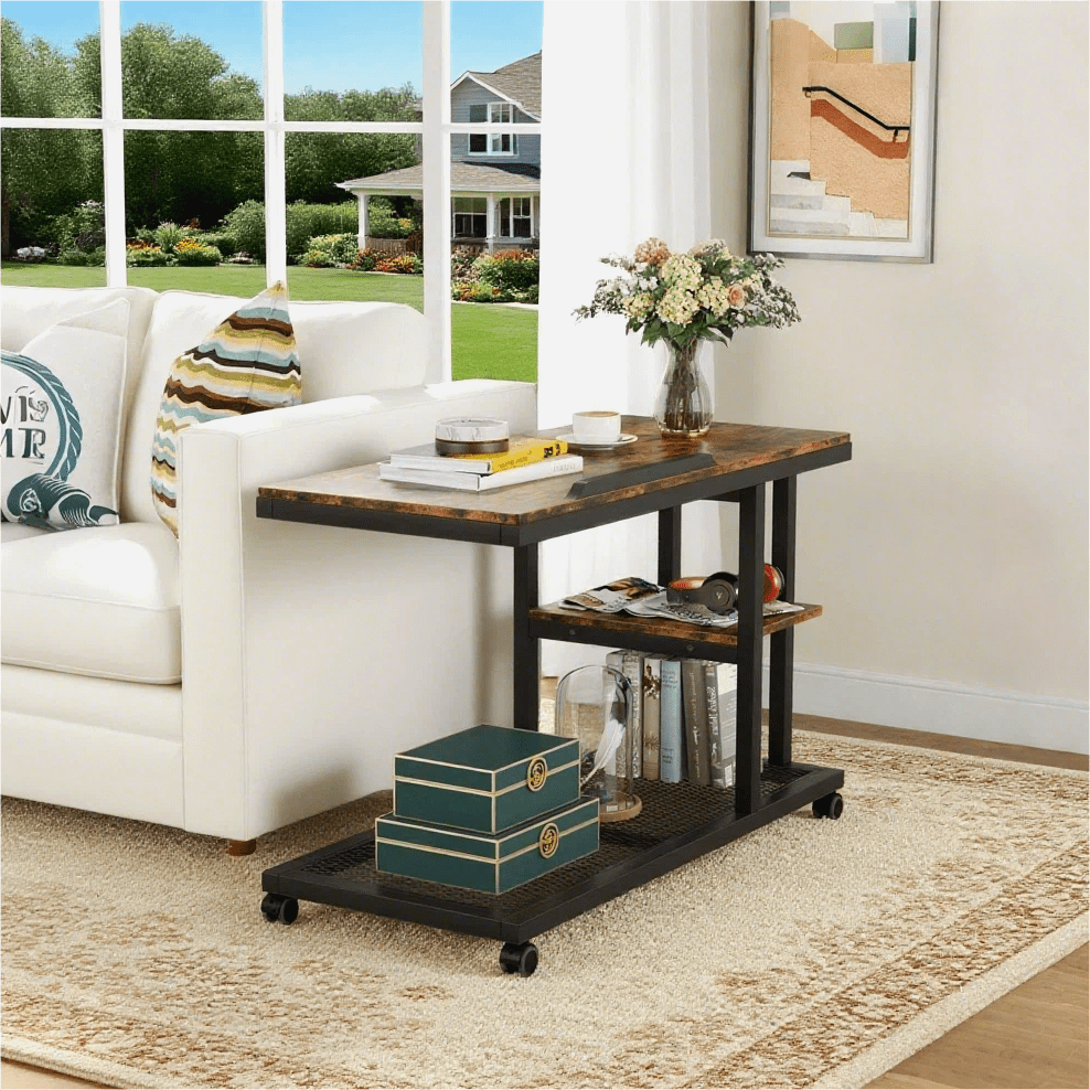 Fnova Mobile Side Table with Wheels, Snack Tray, Height-Adjustable C-Shape Desk, Tiltable Drawing Board, Laptop Stand, Storage Shelves for Living Room, Bedside Table for Couch
