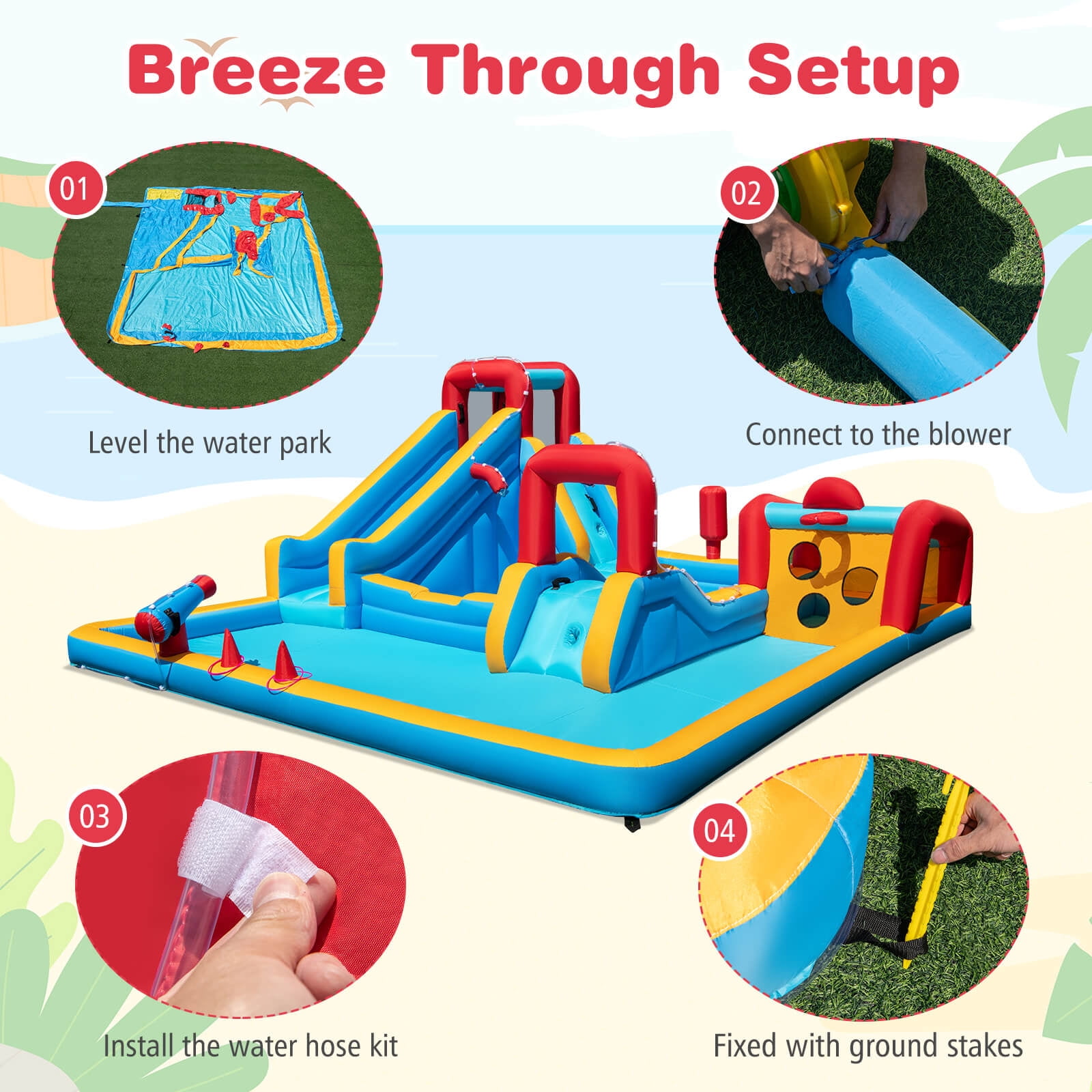Costway Inflatable Water Park with Climbing Wall Boxing Post Basketball Rim 750W Blower