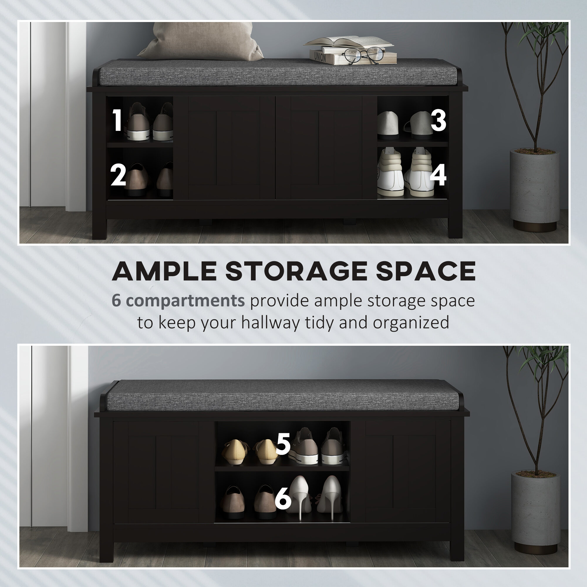 Indoor Storage Benches, HOMCOM Entryway Shoe Bench Storage Ottoman with Sliding Doors, Adjustable Shelving, 6 Compartments, and Padded Seat, Holds 10 Pairs, Black, Black Wooden Storage Benches