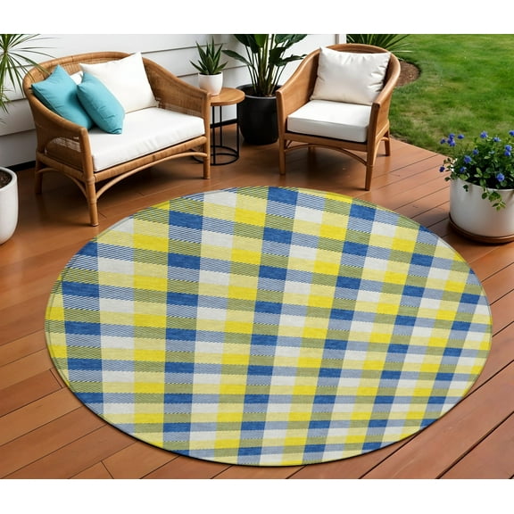 8' Yellow Blue And Beige Round Plaid Washable Indoor Outdoor Area Rug