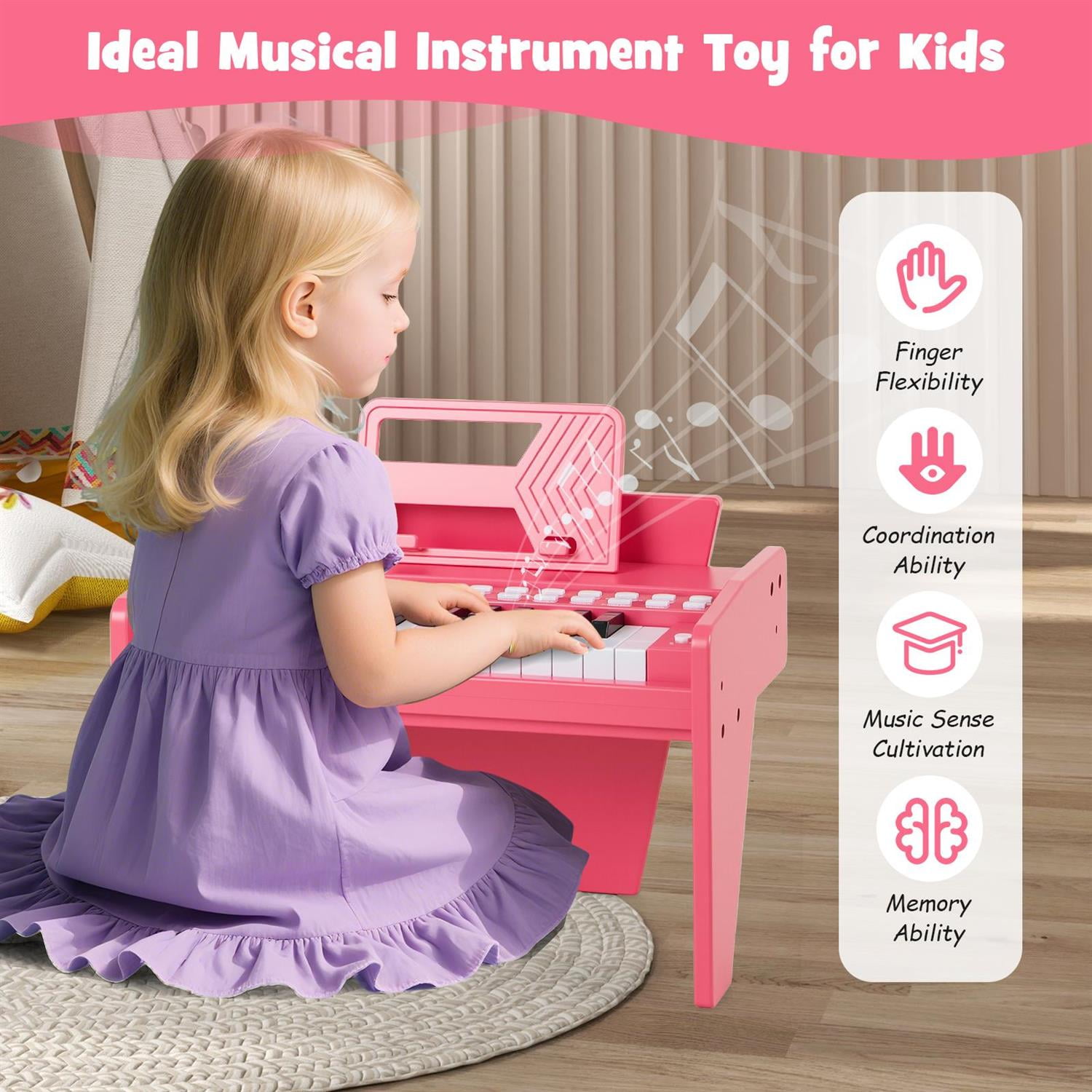 Spaco 25-Key Piano Keyboard, Non-Slip Foot Pads, Adjustable Speed & Volume, Pink