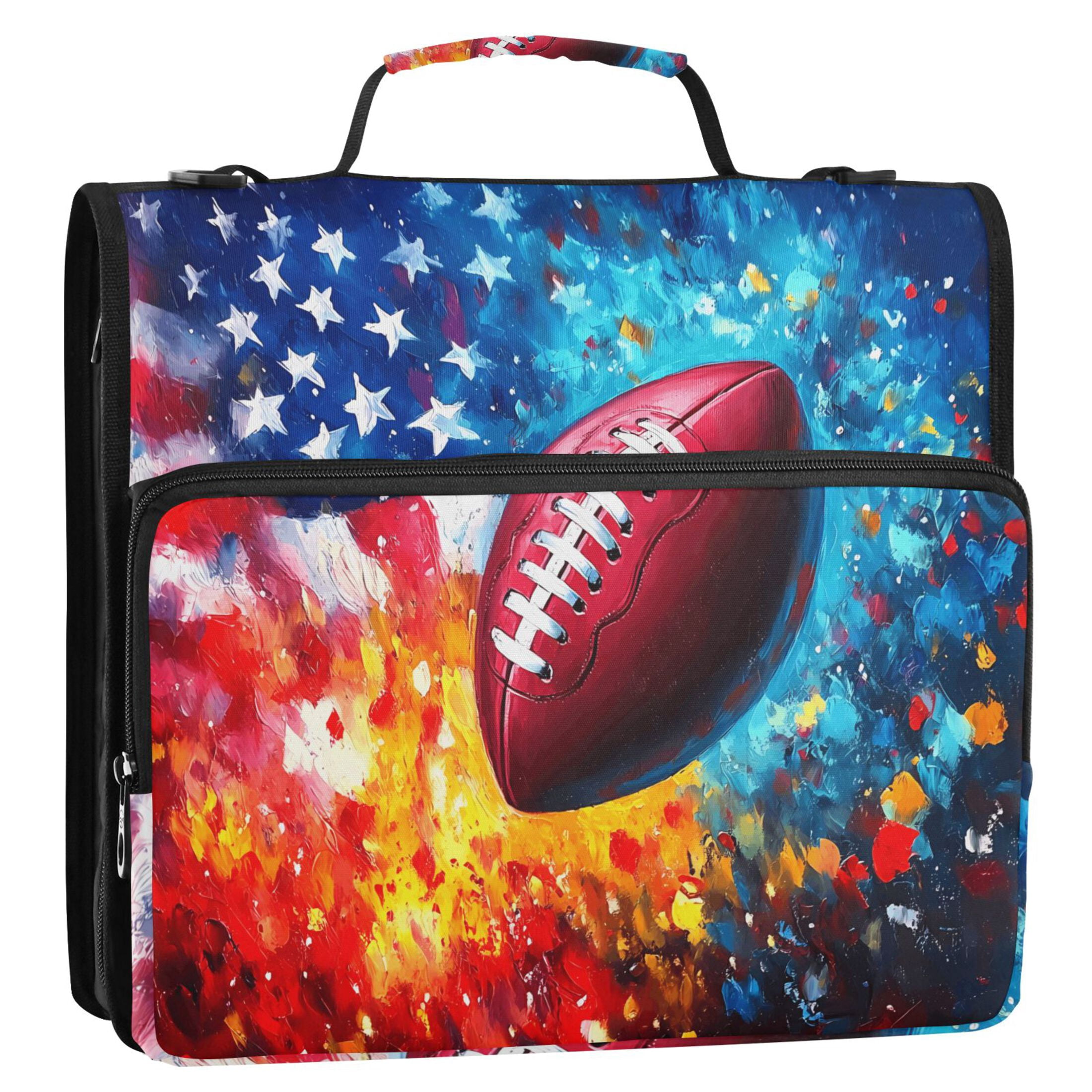 3 Ring Zipper Binder with Shoulder Strap Waterproof Trapper Keeper 2 Inch D-Ring 500 Sheets Capacity American Flag and Football